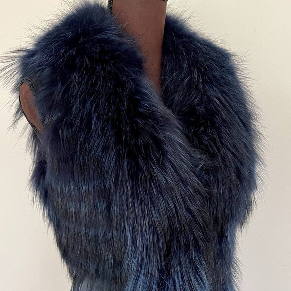 NWOT Leather Vest Navy Blue Real Fox Fur S size - Picture 16 of 16